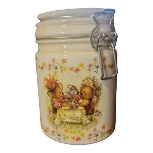 Vtg Hallmark Teddy Bear Picnic Tea Party Canister Jar Seal Latch Lid Milk Glass